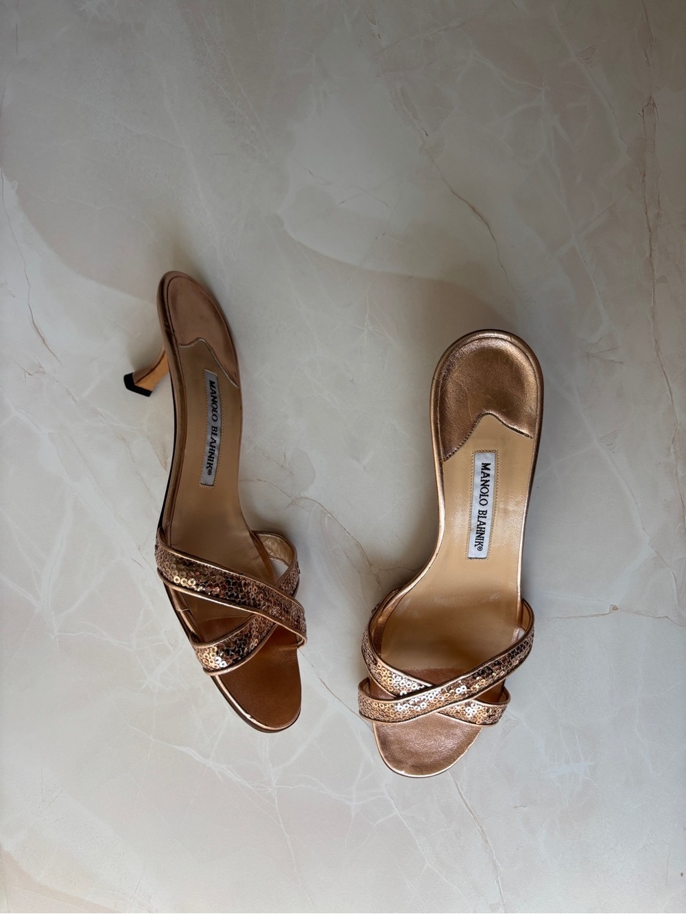 vintage Y2K Manolo Blahnik rose gold sequin crisscross strap sandal
